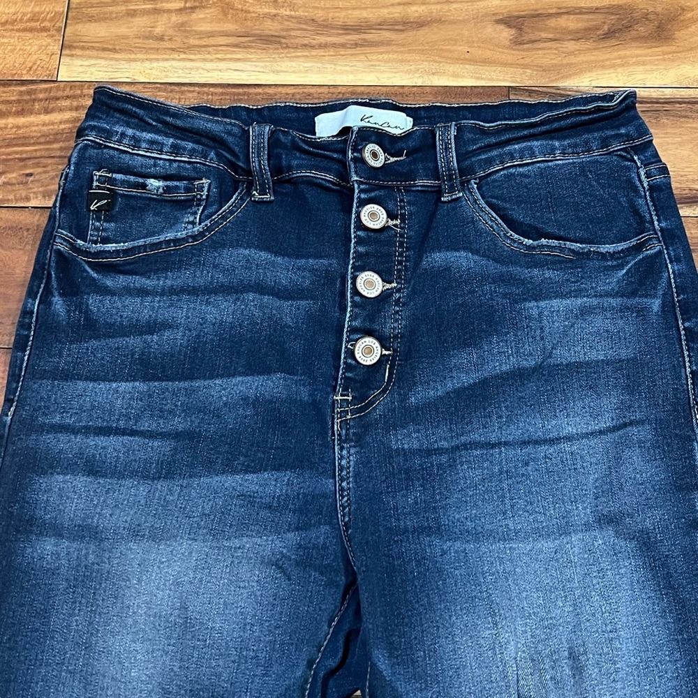 KanCan 31 High Rise Distressed Dark Denim Cuffed Cropped Cotton Blend Jeans - Picture 3 of 7